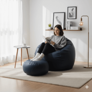 Faux Leather Xxxl Pumpkin Shape 3pcs Combo Bean Bag-Navy Blue