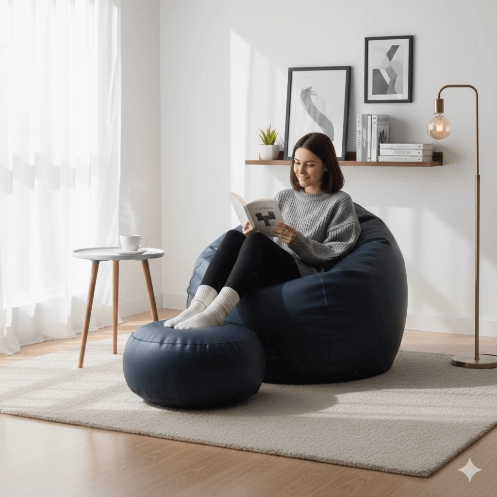 Faux Leather Xxxl Pumpkin Shape 3pcs Combo Bean Bag-Navy Blue