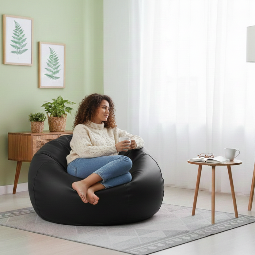 Faux Leather Xxxl Pumpkin Shape Single Bean Bag-Black