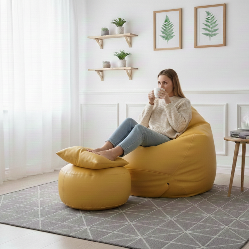 Faux Leather Xxl Pear Shape 3pcs Combo Bean Bag- Yellow