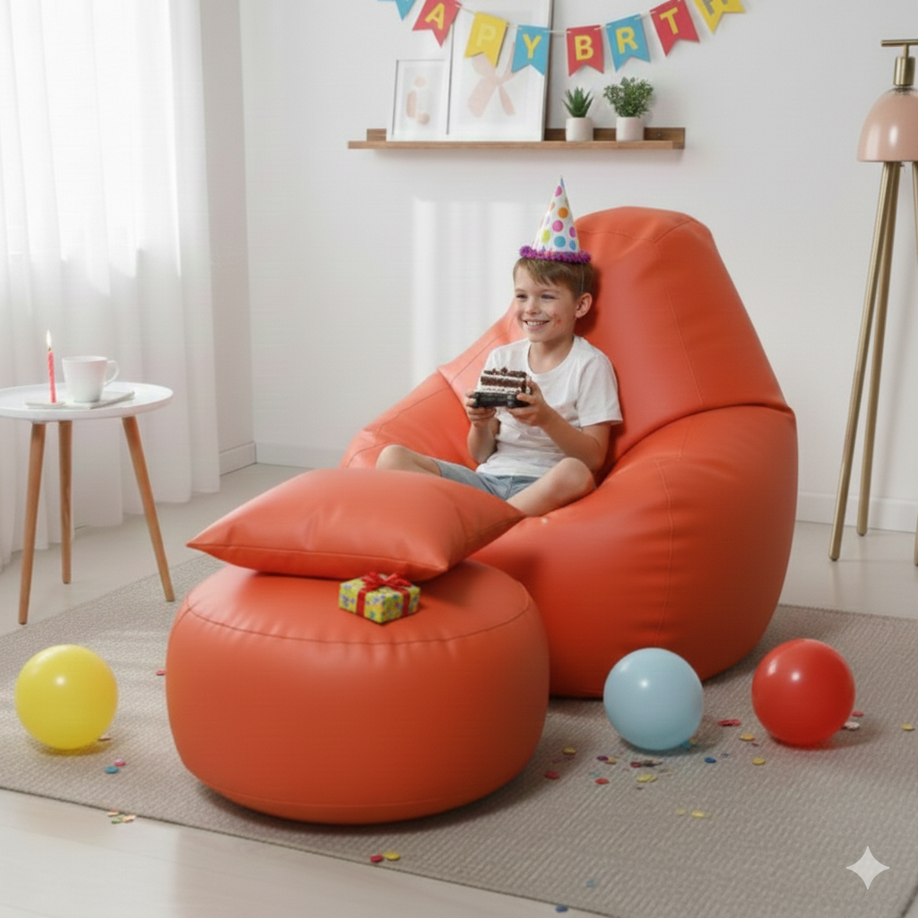 Faux Leather Xxl Pear Shape 3pcs Combo Bean Bag- Orange