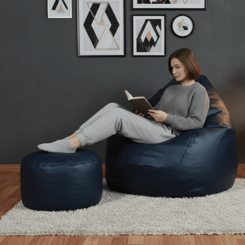 Faux Leather Xxxl Pear Shape 3pcs Combo Bean Bag-Navy Blue