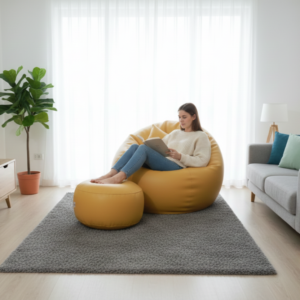 Faux Leather Xxl Pumpkin Shape 3pcs Combo Bean Bag-Yellow