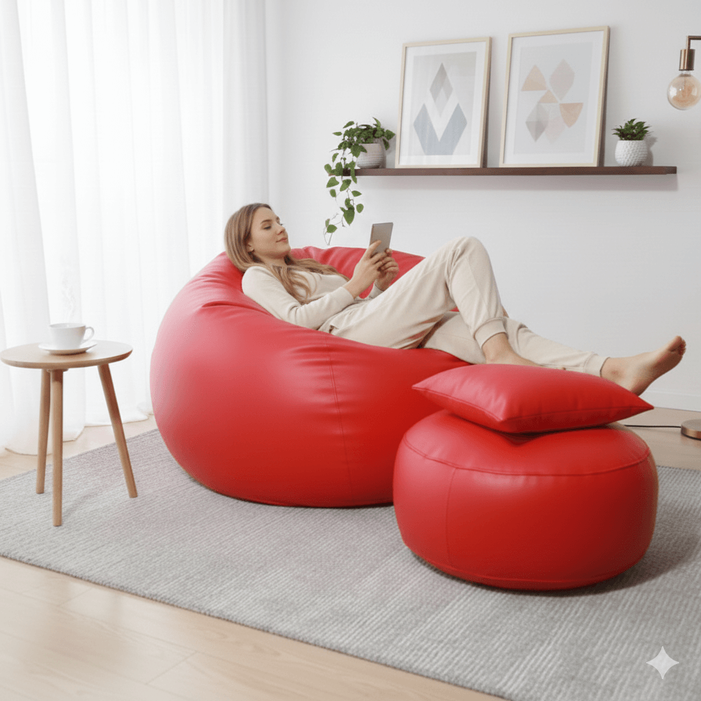 Faux Leather Xxxl Pumpkin Shape 3pcs Combo Bean Bag-Red