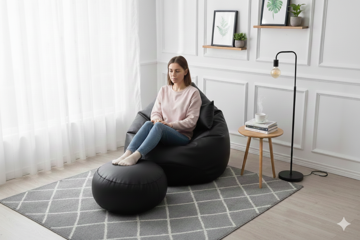 Faux Leather Xxl Pear Shape 3pcs Combo Bean Bag- Black