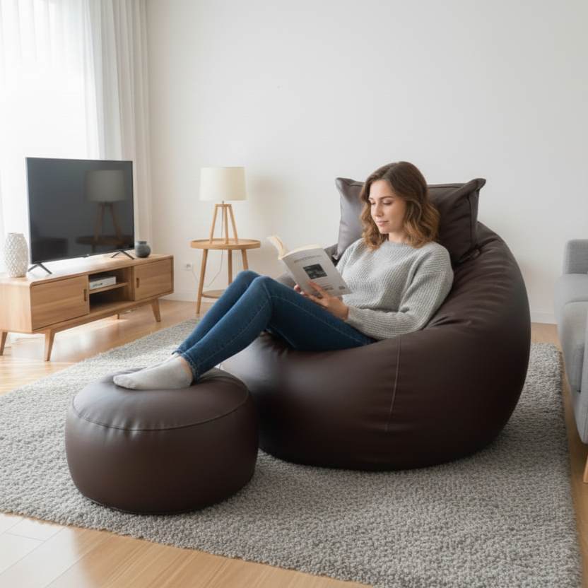 Faux Leather Xxl Pumpkin Shape 3pcs Combo Bean Bag-Deep Brown