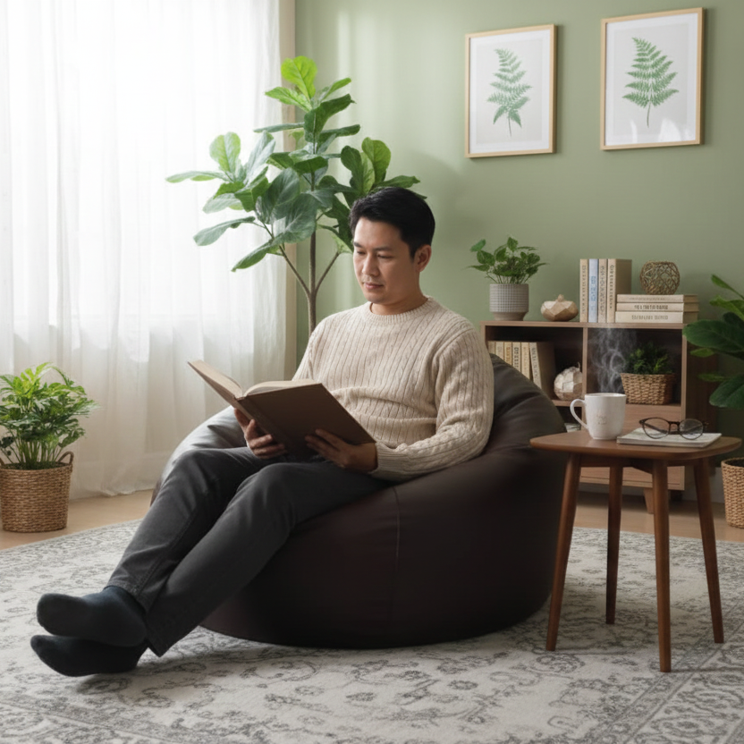 Faux Leather Xxxl Pumpkin Shape Single Bean Bag-Deep Brown