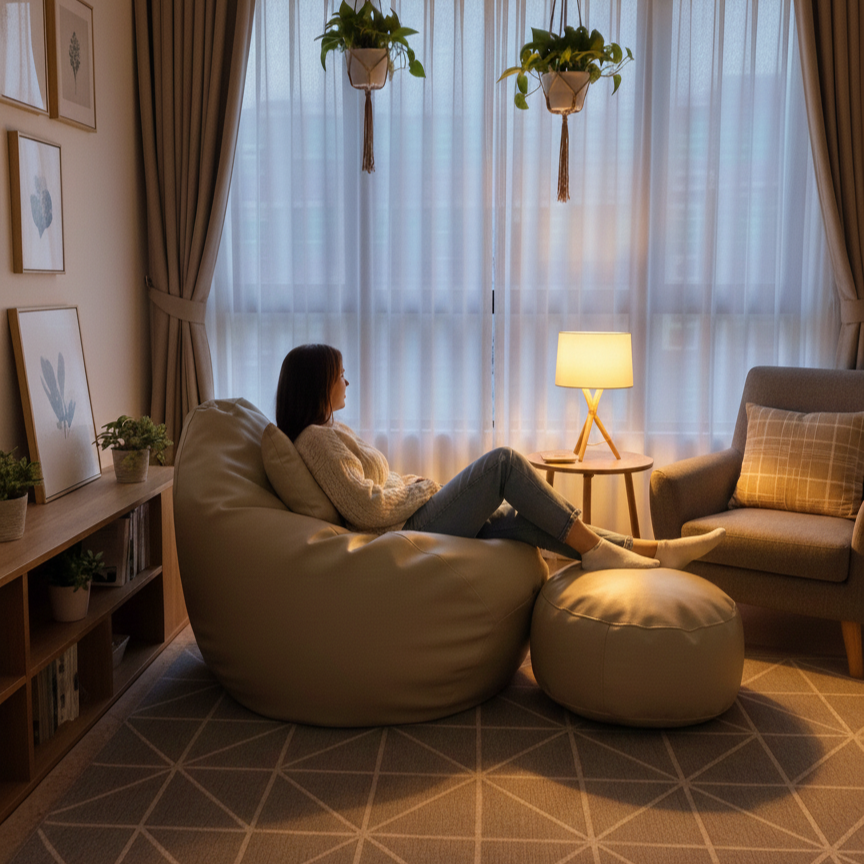 Faux Leather Xxxl Pear Shape 3pcs Combo Bean Bag-Off White