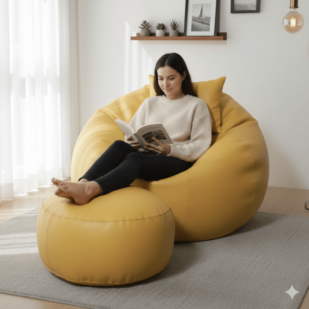 Faux Leather Xxxl Pumpkin Shape 3pcs Combo Bean Bag-Yellow