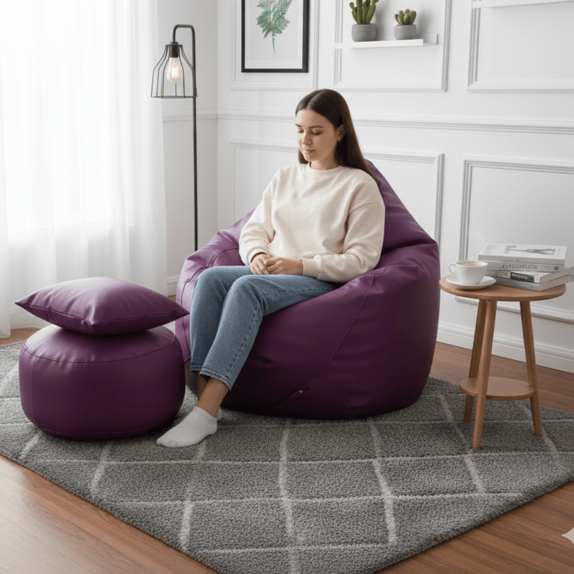 Faux Leather Xxl Pear Shape 3pcs Combo Bean Bag- Purple