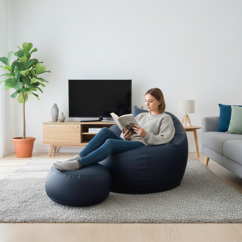 Faux Leather Xxl Pumpkin Shape 3pcs Combo Bean Bag-Navy Blue
