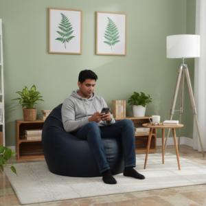 Faux Leather Xxxl Pumpkin Shape Single Bean Bag-Navy Blue