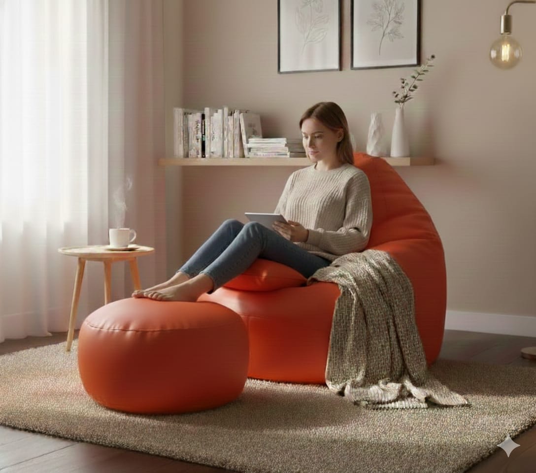 Faux Leather Xxxl Pear Shape 3pcs Combo Bean Bag-Orange