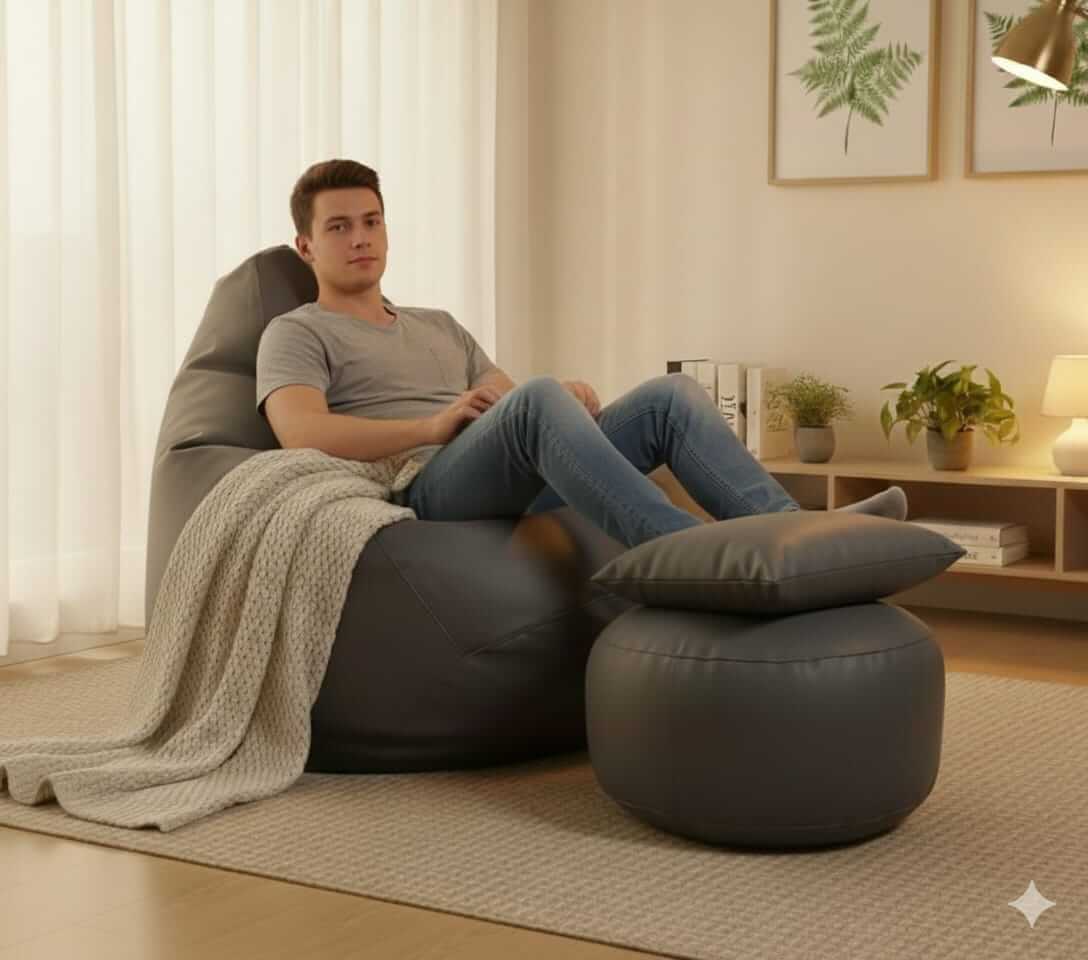 Faux Leather Xxxl Pear Shape 3pcs Combo Bean Bag-Ash