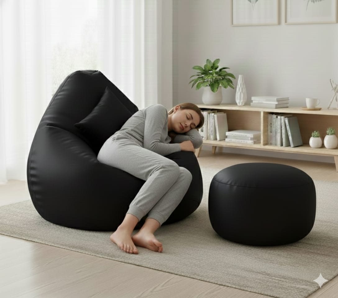 Faux Leather Xxxl Pear Shape 3pcs Combo Bean Bag-Black