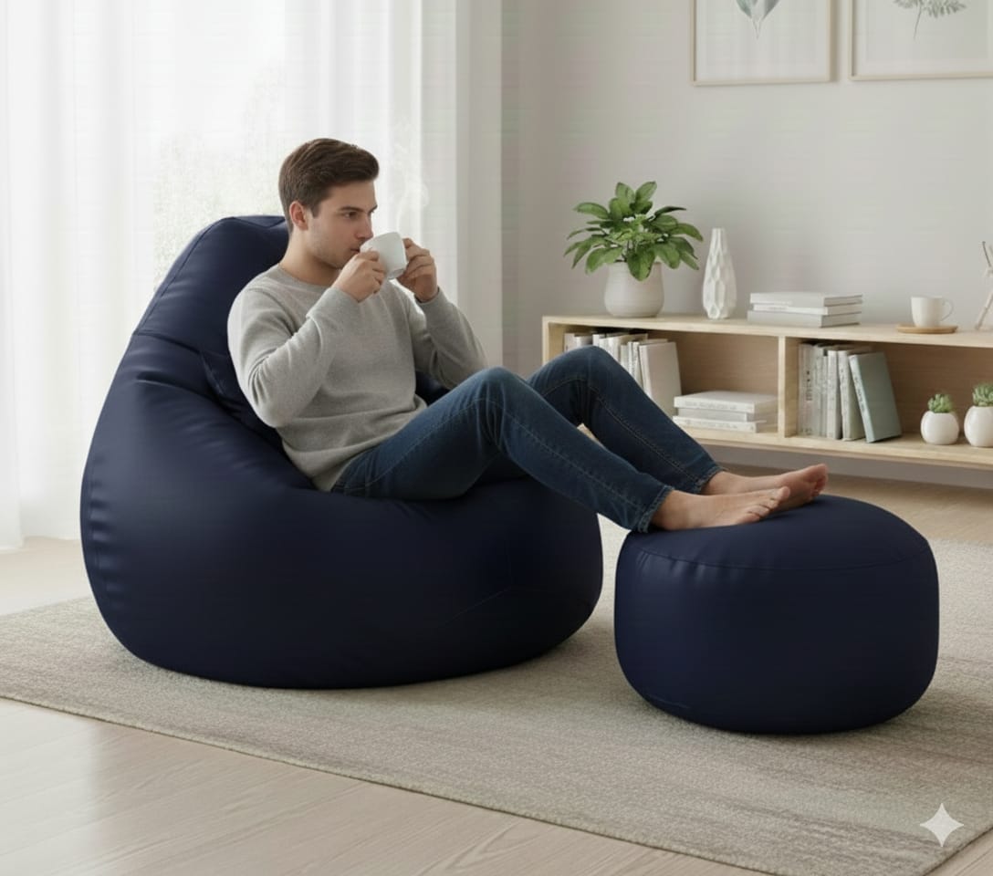 Faux Leather Xxxl Pear Shape 3pcs Combo Bean Bag-Navy Blue