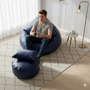 Faux Leather Xxl Pear Shape 3pcs Combo Bean Bag- Navy Blue