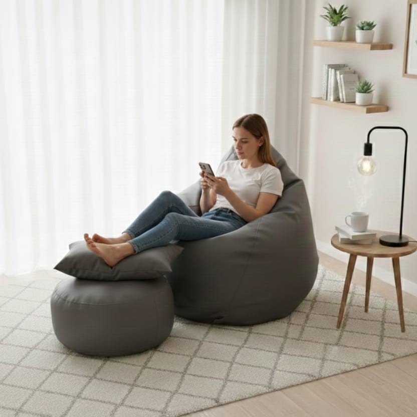 Faux Leather Xxl Pear Shape 3pcs Combo Bean Bag-Ash