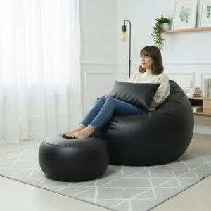 Faux Leather Xxxl Pumpkin Shape 3pcs Combo Bean Bag-Black