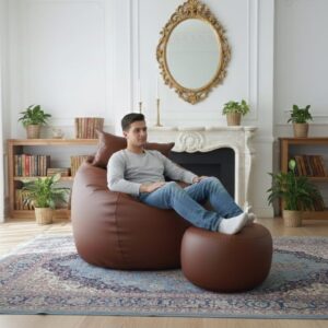 Faux Leather Xxl Pumpkin Shape 3pcs Combo Bean Bag-Brown