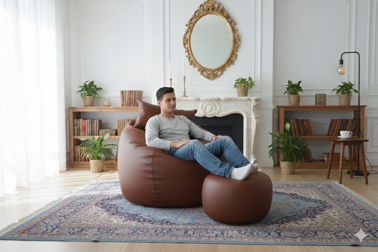 Faux Leather Xxl Pumpkin Shape 3pcs Combo Bean Bag-Brown