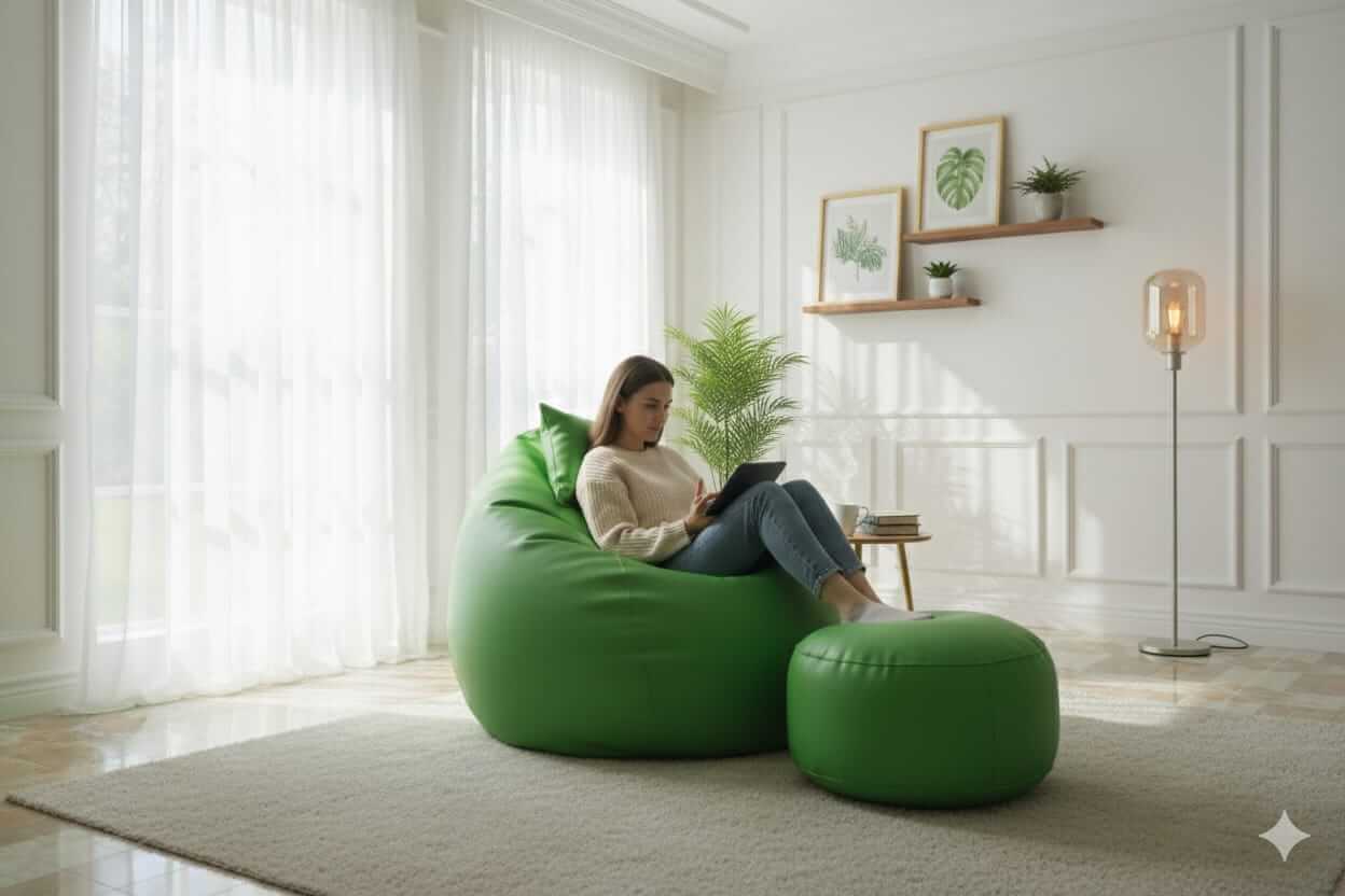 Faux Leather Xxxl Pumpkin Shape 3pcs Combo Bean Bag-Green