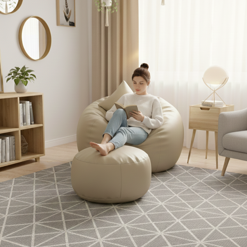 Faux Leather Xxl Pumpkin Shape 3pcs Combo Bean Bag-Off White