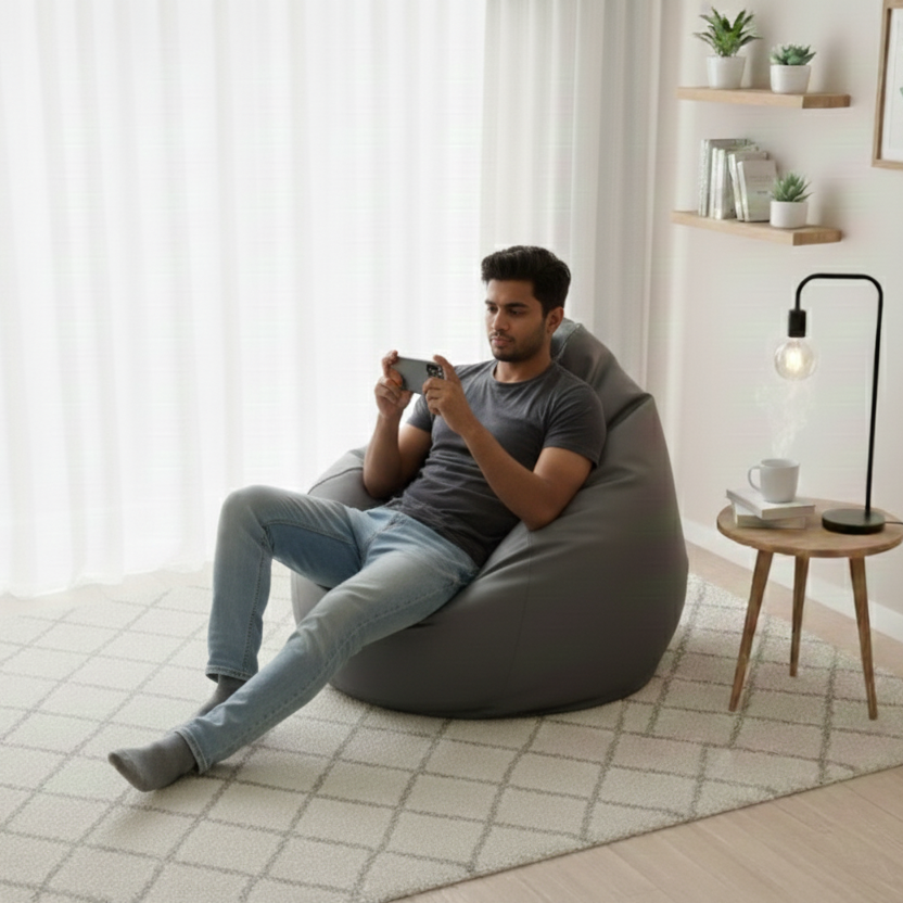 Faux Leather Xxl Pear Shape Single Bean Bag- Ash