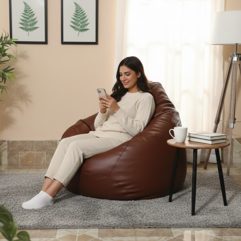 Faux Leather Xxl Pear Shape Single Bean Bag- Brown