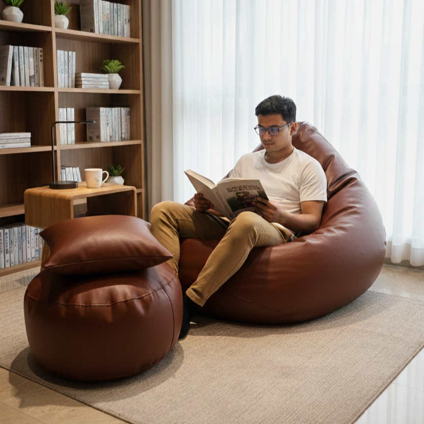 Faux Leather Xxl Pear Shape 3pcs Combo Bean Bag- Brown