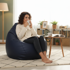 Faux Leather Xxl Pear Shape Single Bean Bag-Navy Blue