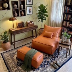 Faux Lather Chaise Lounger Bean Bag Combo-Light Varnish